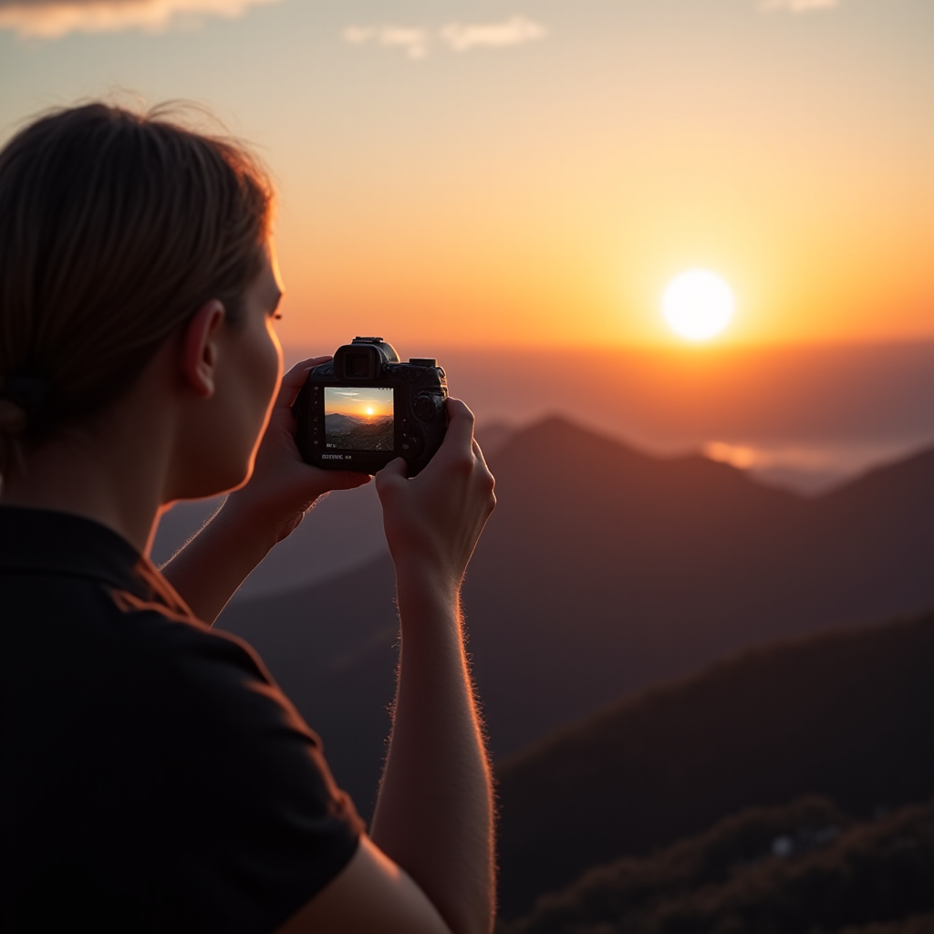 The same woman photographing a sunset over mountains, seen from behind