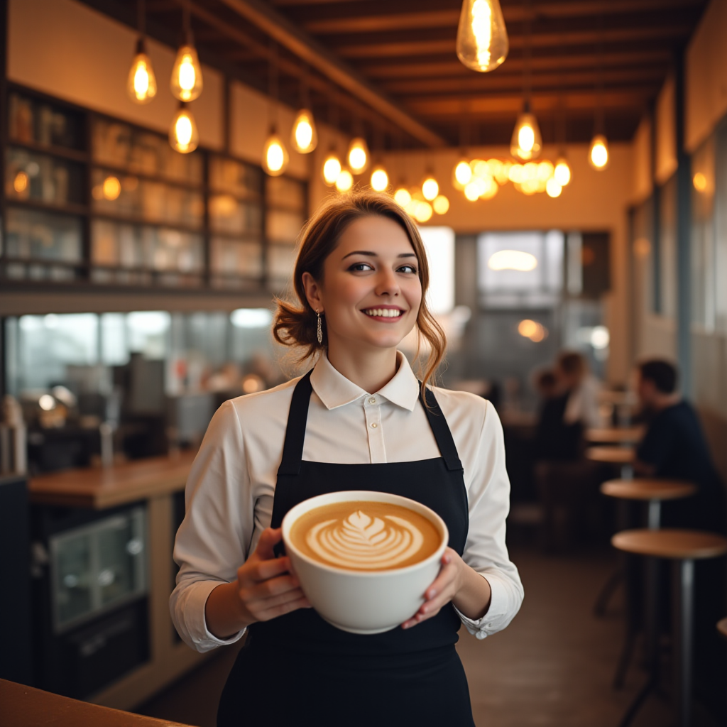 The same woman as a barista holding a latte in a warm-lit coffee shop