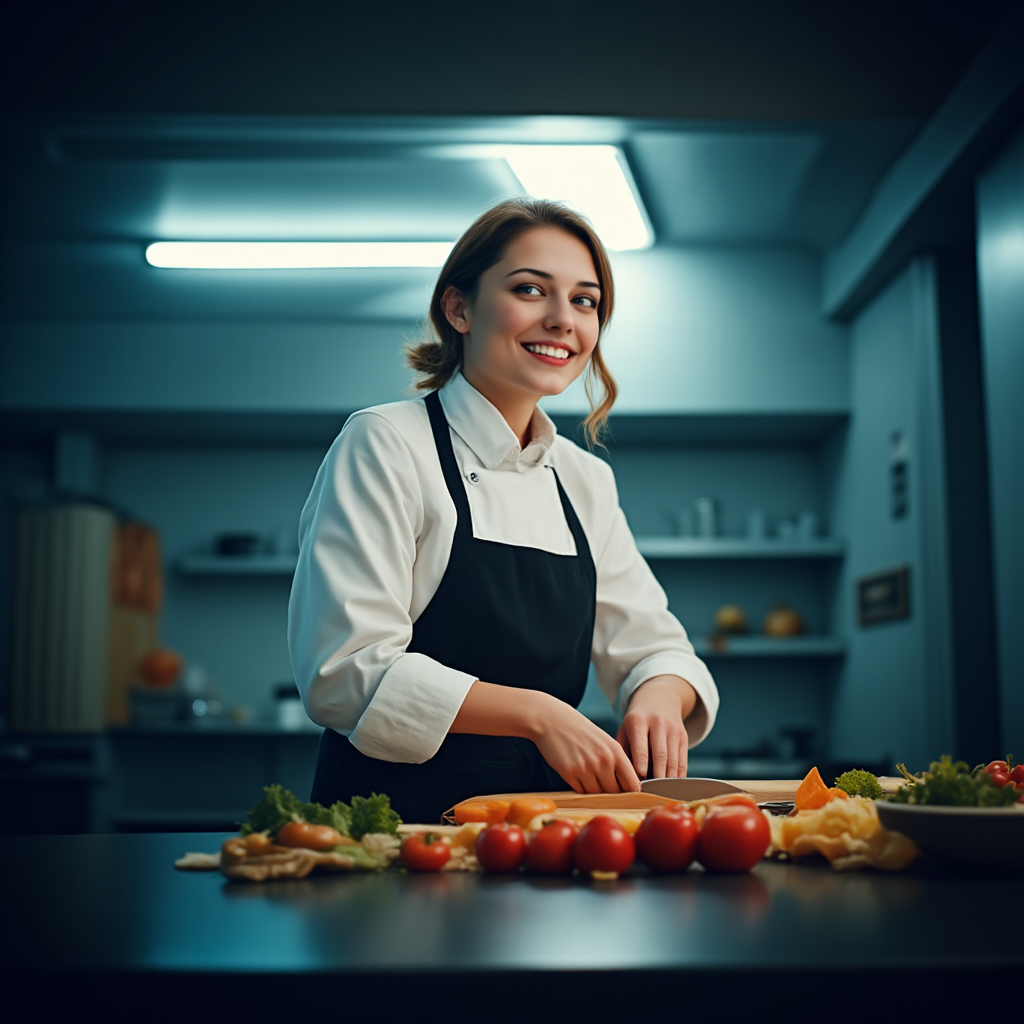 The same woman in a chef's apron preparing food in a blue-lit kitchen