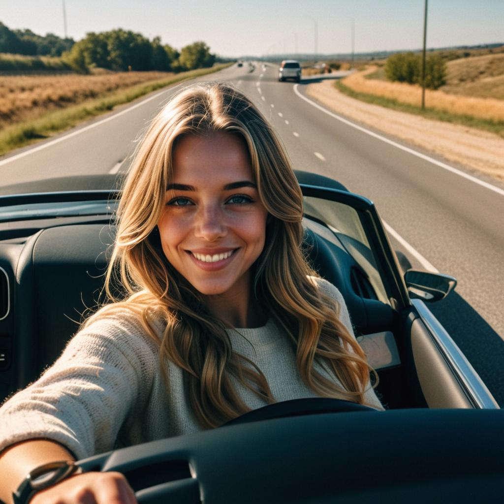 A generated lifestyle photograph of a woman beside a sports car