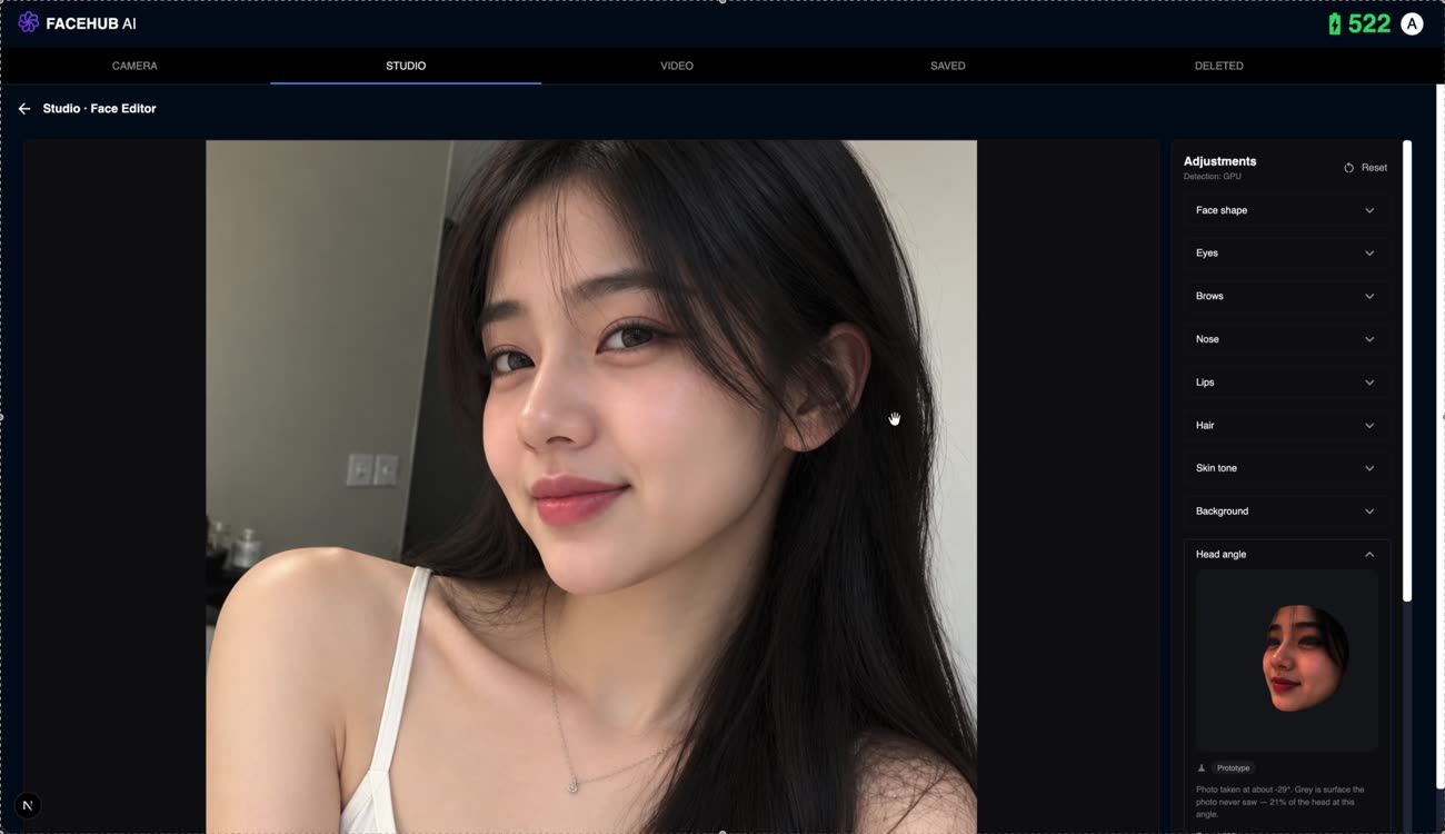 The FaceHub Face Editor with the portrait on the left and a list of controls on the right: face shape, eyes, brows, nose, lips, hair, skin tone, background and head angle