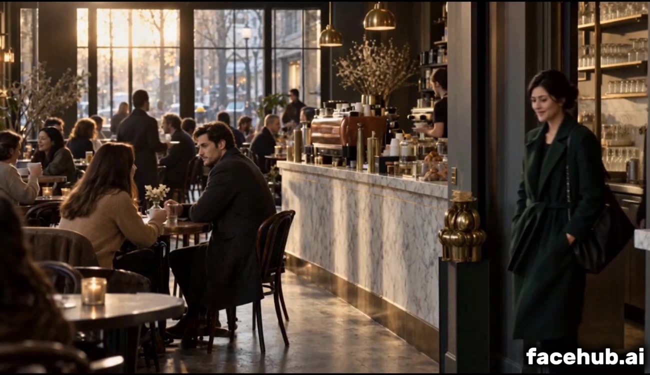 A frame from the generated video: a woman and a man standing in a busy cafe, shot wide through the room