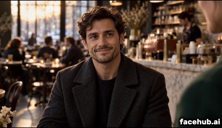 Generated video frame: a close-up of the man at a cafe table, warm window light behind him
