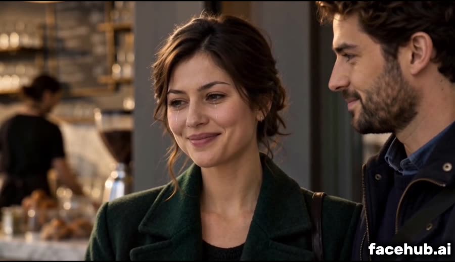 Generated video frame: a two-shot of the woman and the man, looking at each other across the cafe table