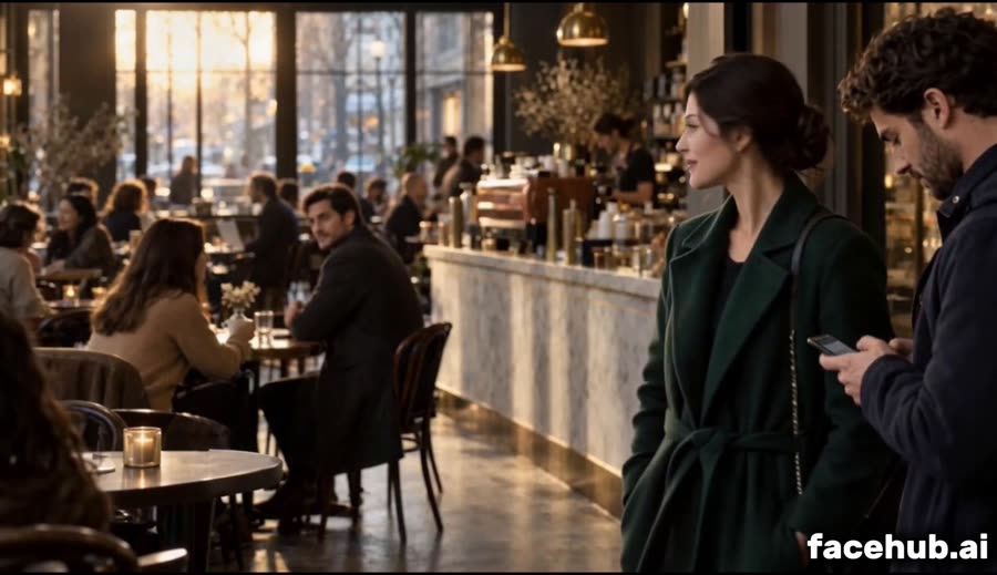 Generated video frame: a wide shot of a cafe, a woman in a dark coat facing a man across the room