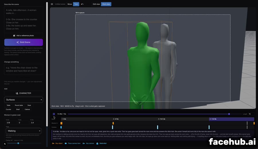 Two placeholder characters facing each other in the Scene Designer, one selected in green, with the shot timeline below