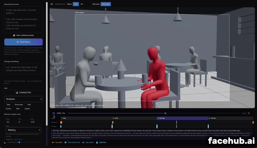 A camera view inside the blocked cafe scene, grey placeholder figures seated at tables with one character highlighted in red