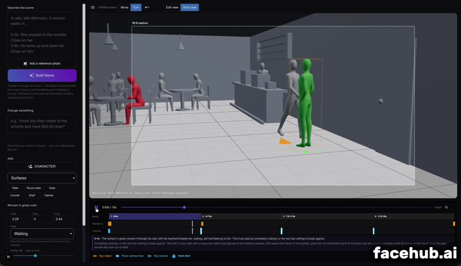 FaceHub Scene Designer with a cafe laid out in grey blocks, two characters placed near the counter and camera keyframes marked along the timeline